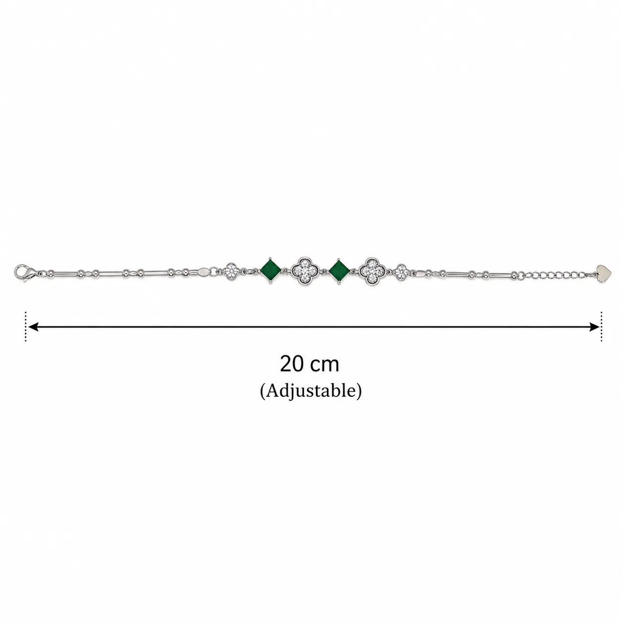 Marvel Silver 925 sterling silver bracelet featuring sparkling CZ clover charms, emerald-green square stones, and an adjustable chain, designed for women and girls, perfect for daily wear, office, parties, weddings, festive occasions, and gifting.