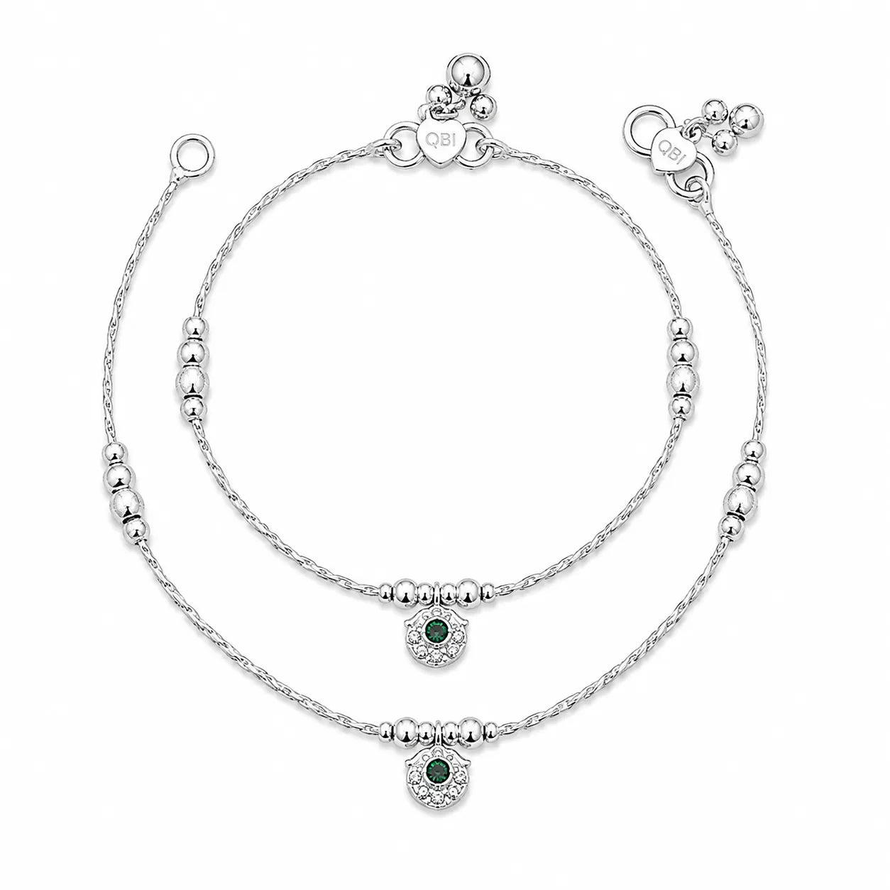 Marvel Silver Baby Payal with Green Evil Eye Charm
