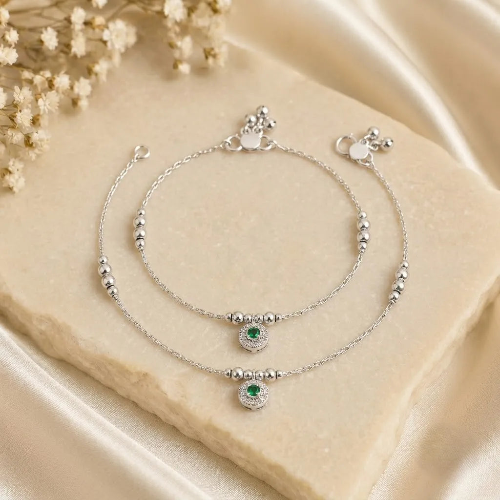 Marvel Silver Baby Payal with Green Evil Eye Charm