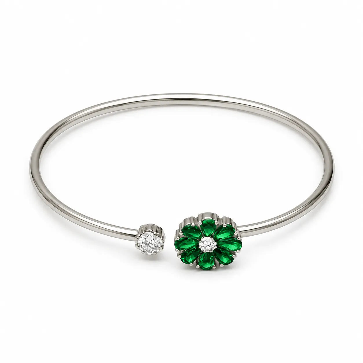 Marvel Silver green flower silver kada for girls with white stone accent