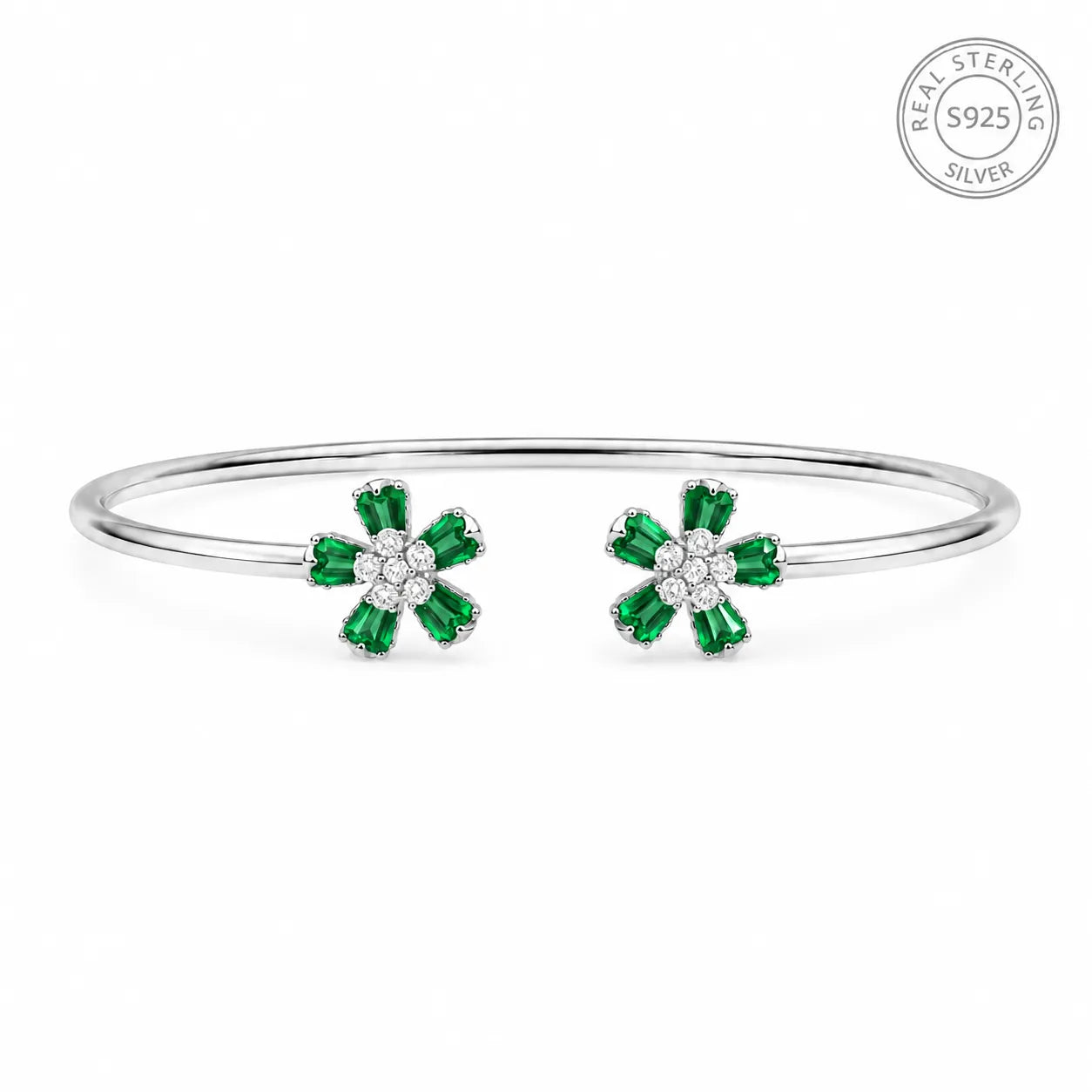 Marvel Silver green flower silver kada for girls with sparkling white center stones