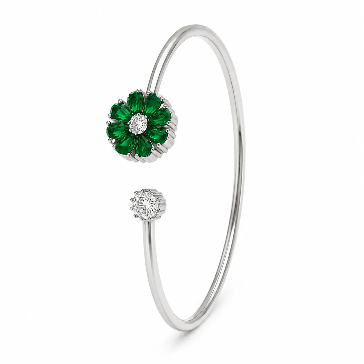 Marvel Silver green flower silver kada for girls with white stone accent