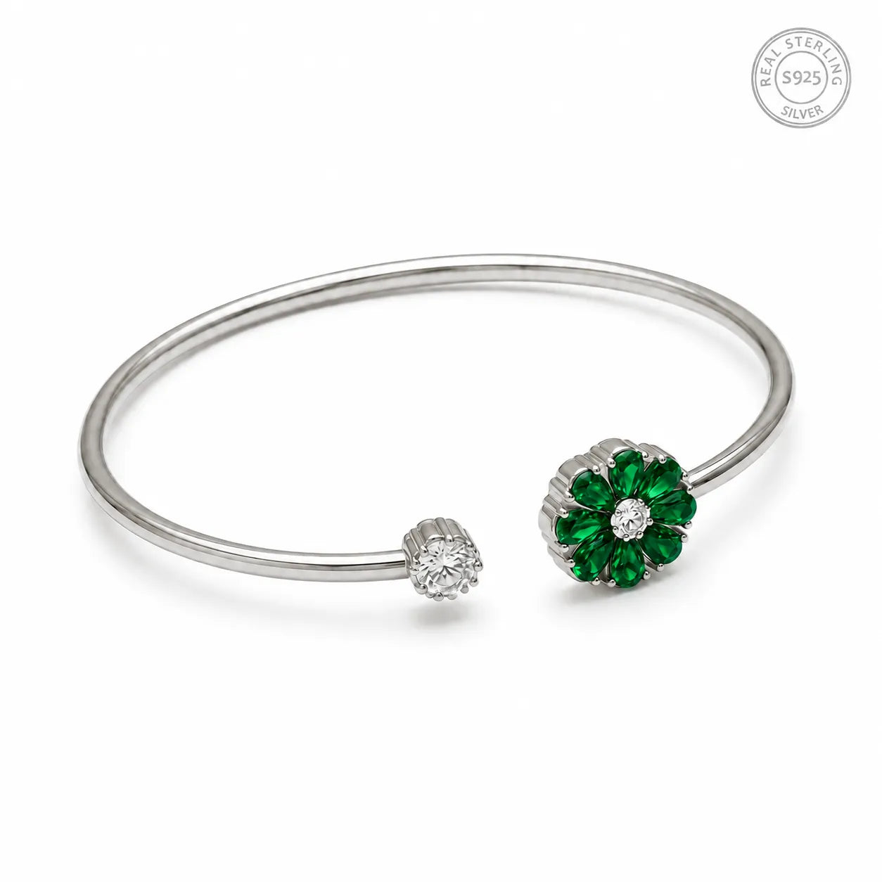 Marvel Silver green flower silver kada for girls with white stone accent