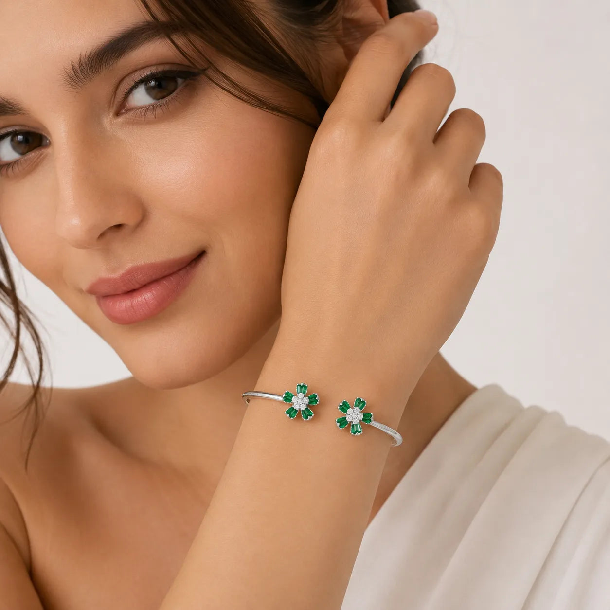 Marvel Silver green flower silver kada for girls with sparkling white center stones
