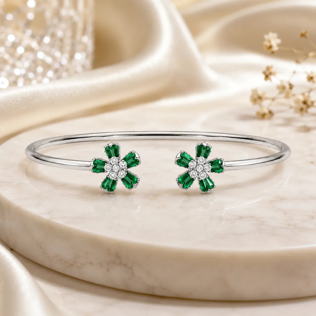 Marvel Silver green flower silver kada for girls with sparkling white center stones