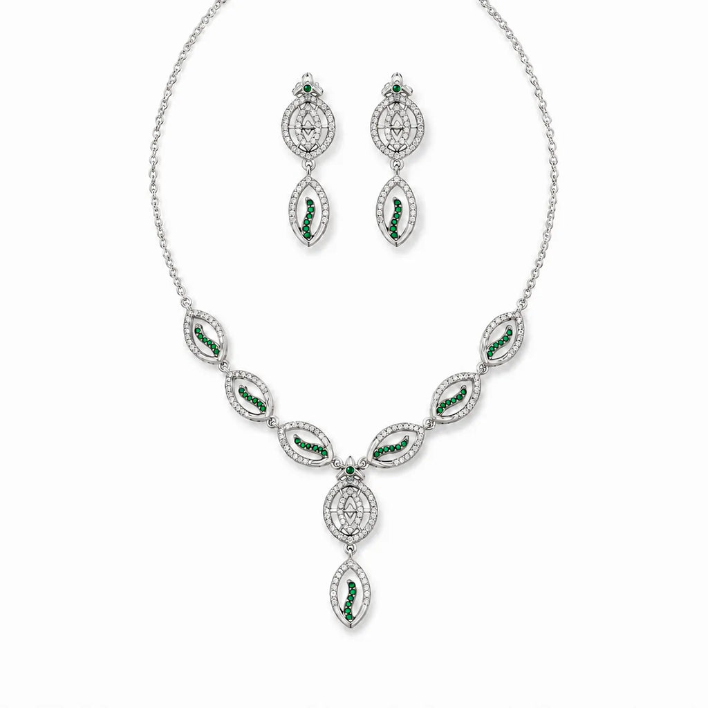 Marvel Silver green leaf silver necklace set with matching earrings for women