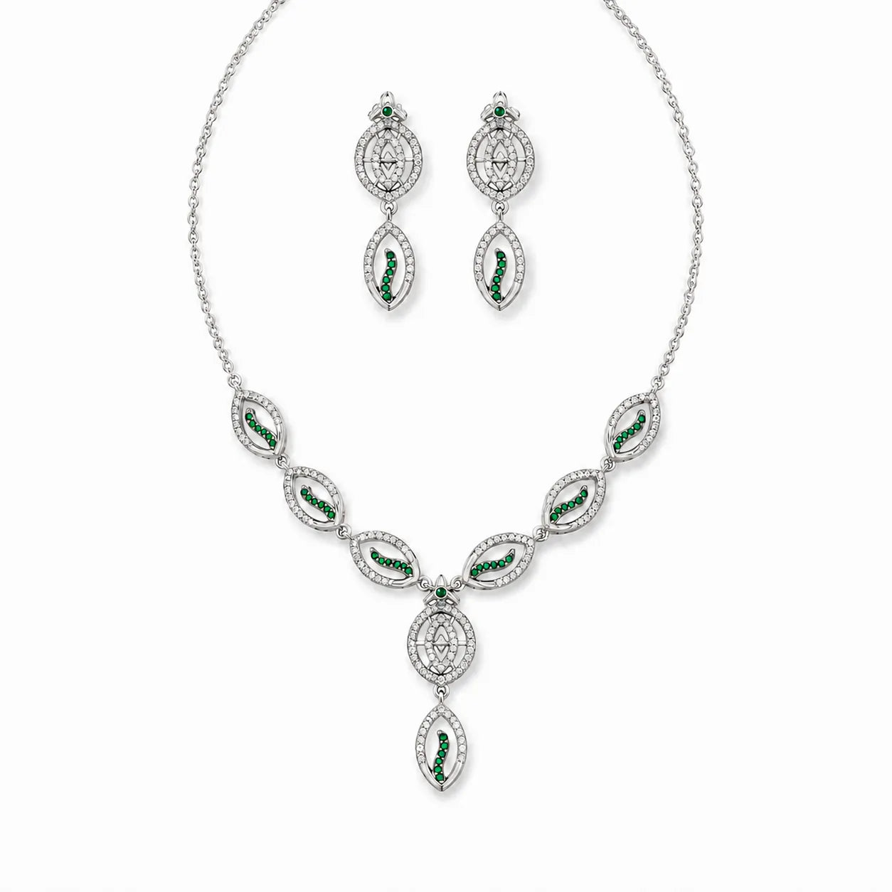 Marvel Silver green leaf silver necklace set with matching earrings for women