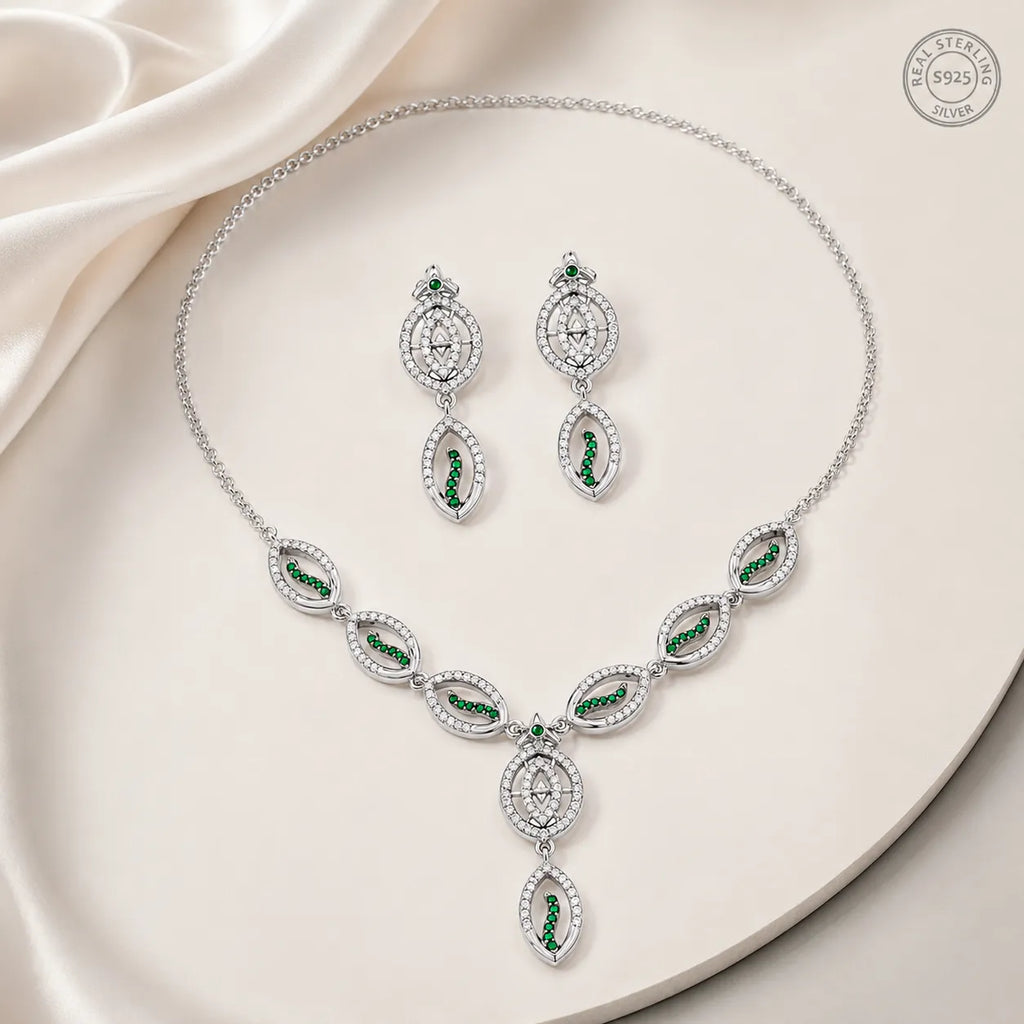 Marvel Silver green leaf silver necklace set with matching earrings for women