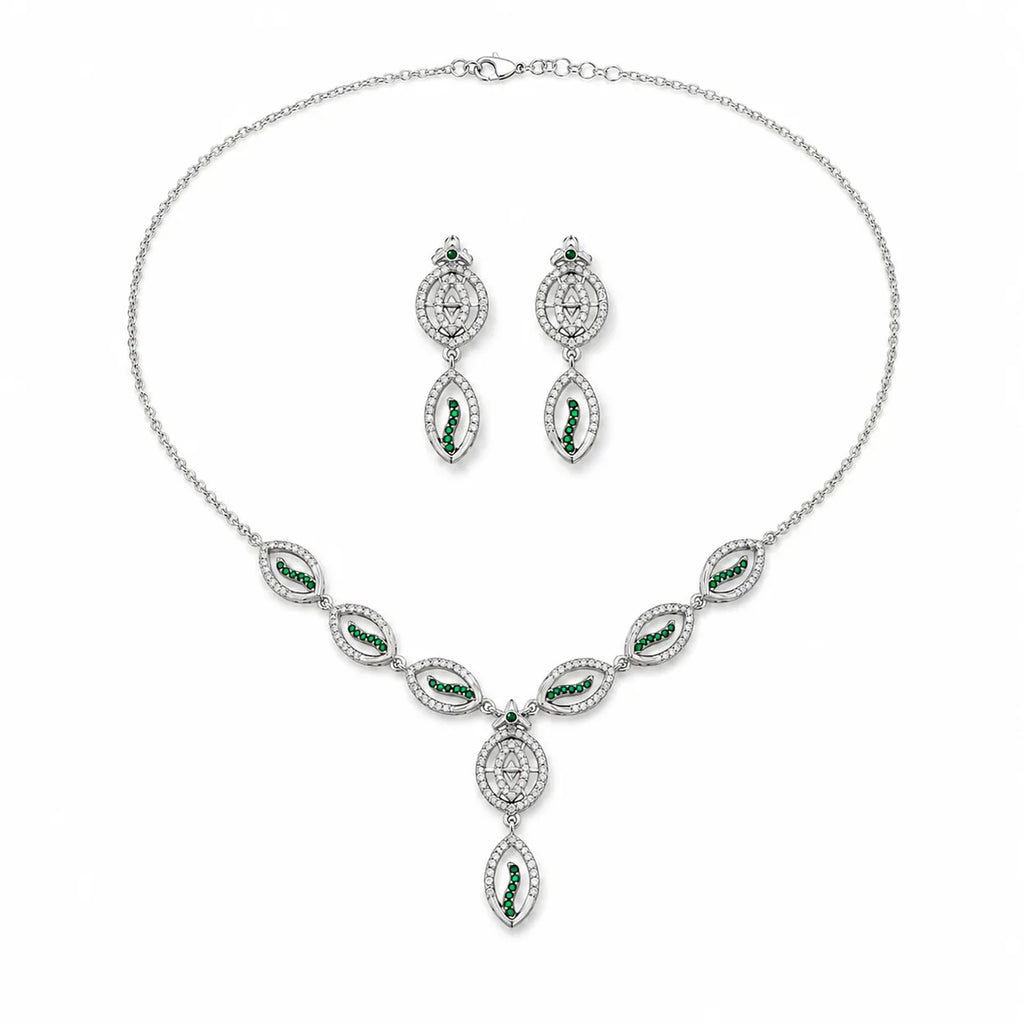 Marvel Silver green leaf silver necklace set with matching earrings for women