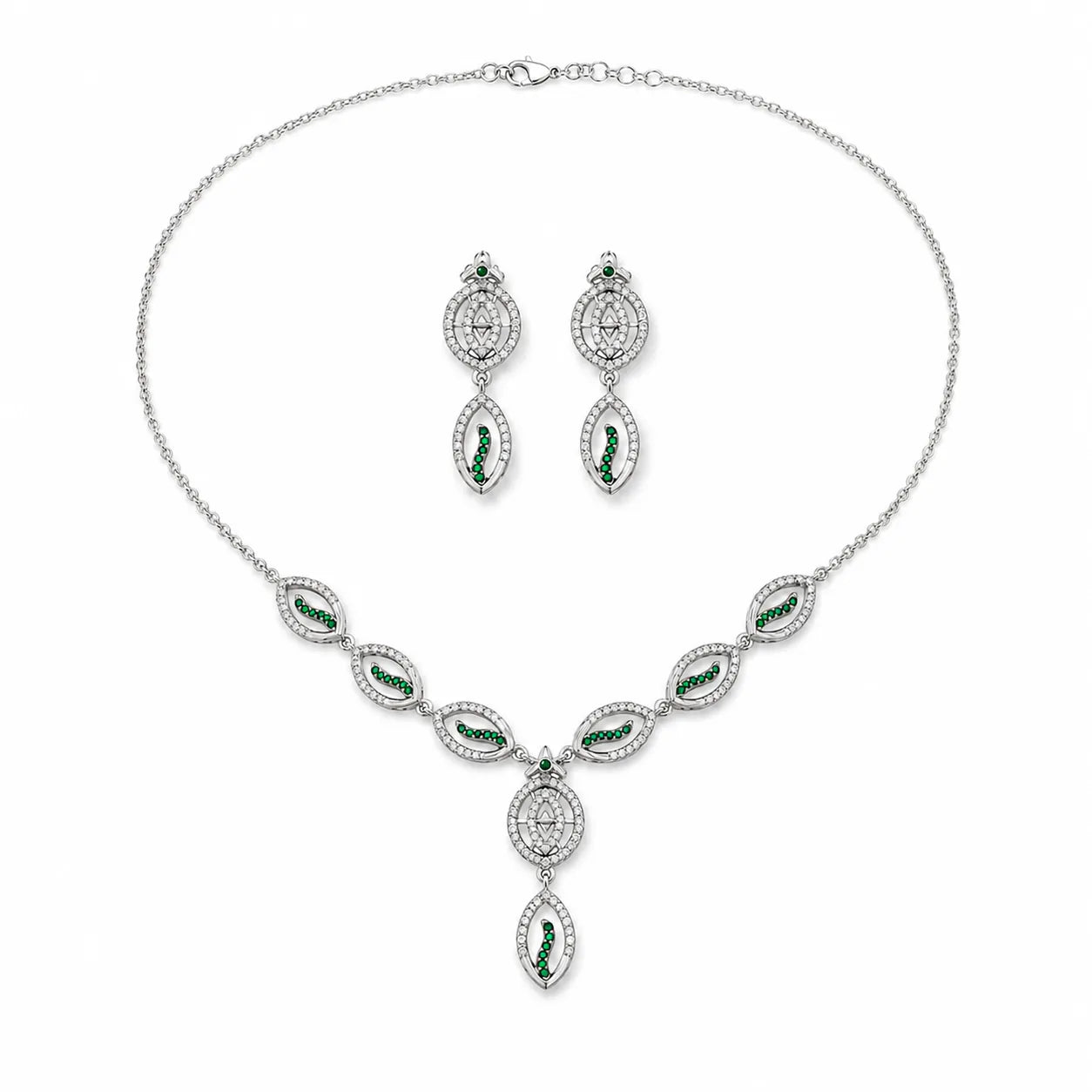 Marvel Silver green leaf silver necklace set with matching earrings for women
