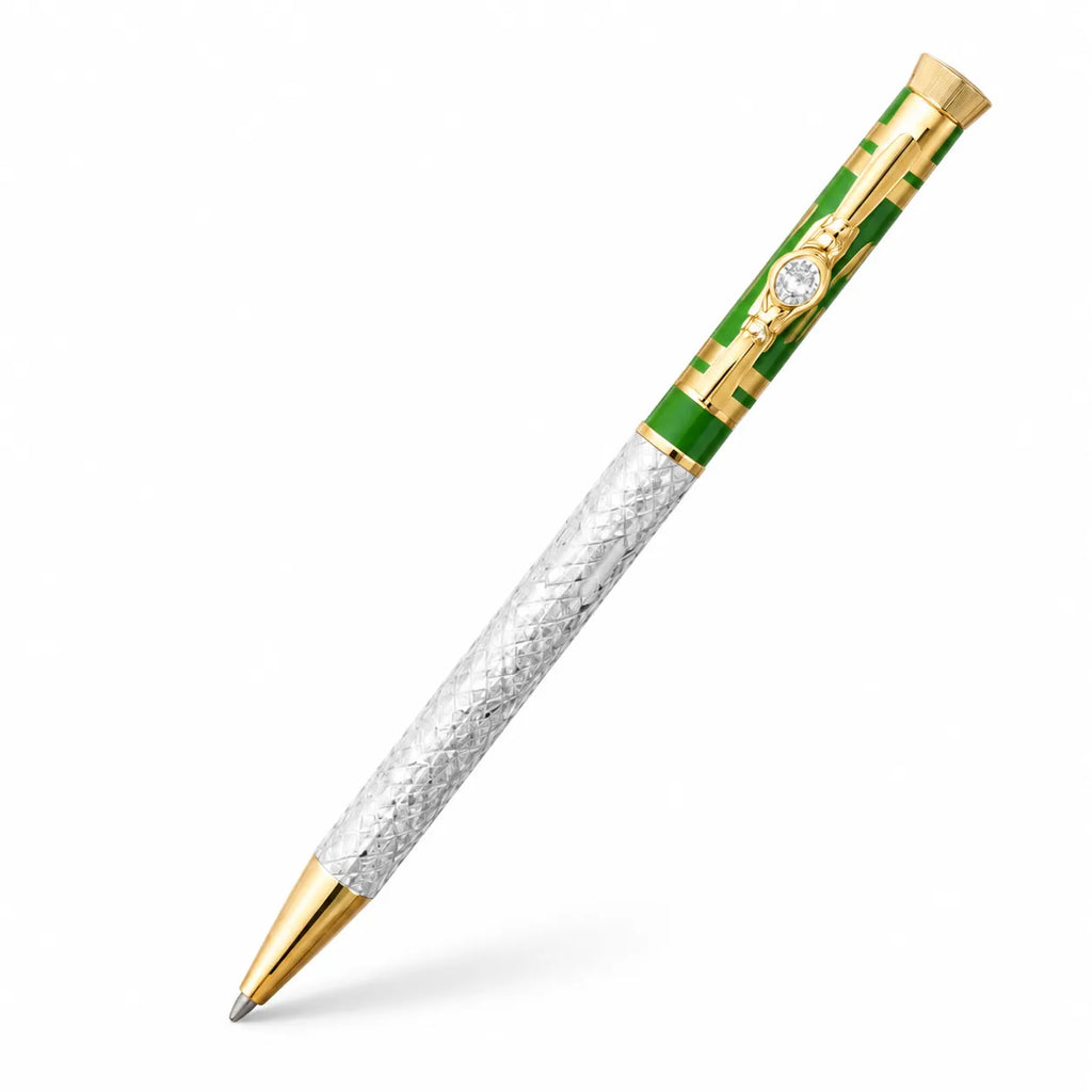 Marvel Silver green and gold luxury ballpoint pen with textured silver barrel