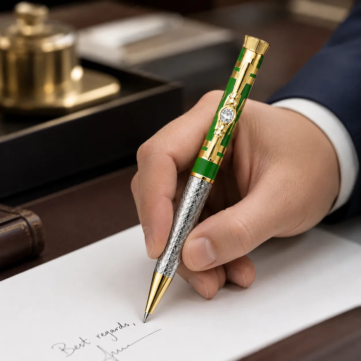 Marvel Silver green and gold luxury ballpoint pen with textured silver barrel