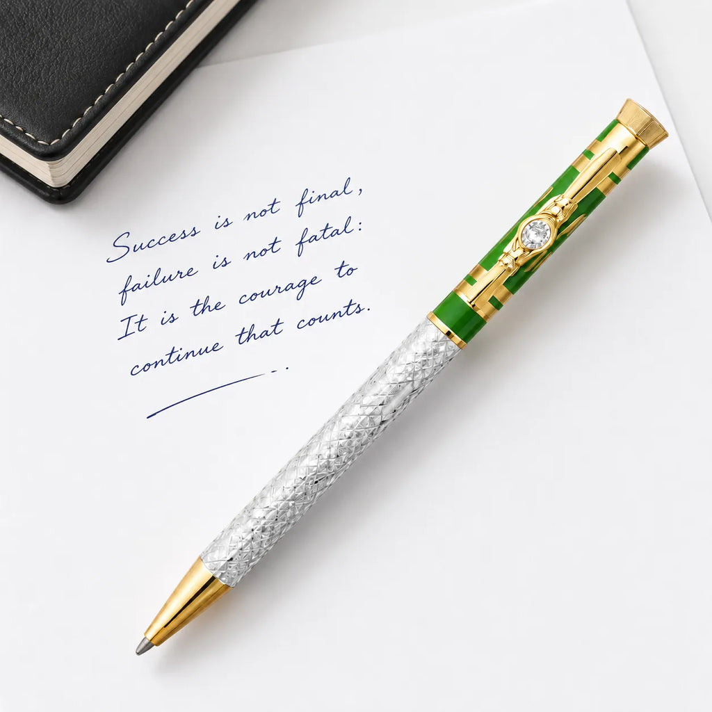 Marvel Silver green and gold luxury ballpoint pen with textured silver barrel