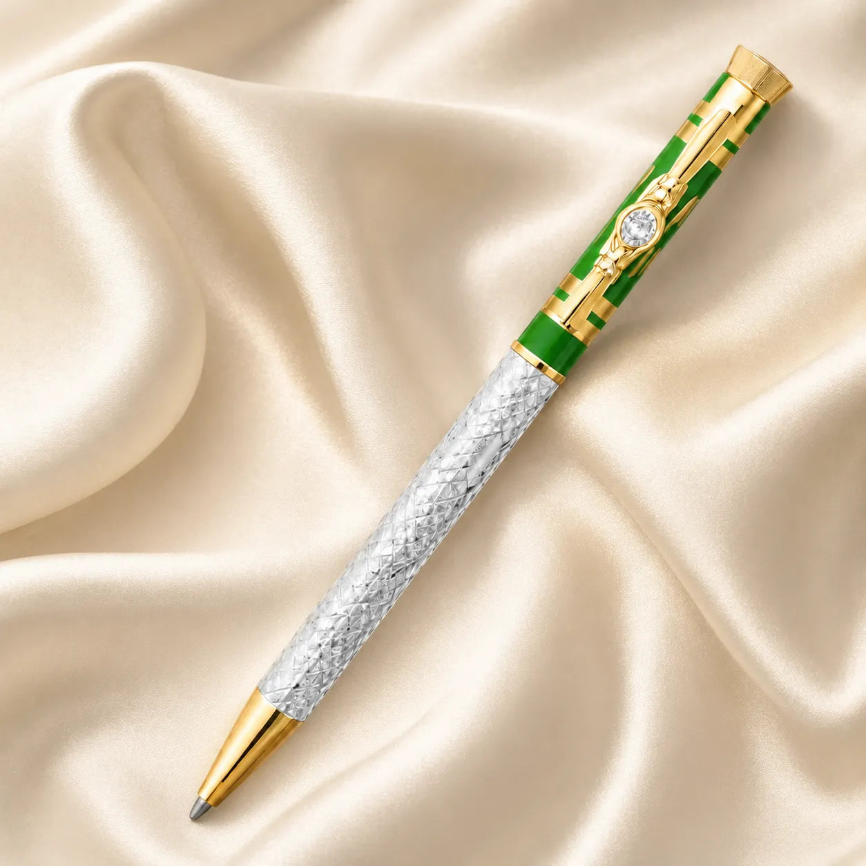 Marvel Silver green and gold luxury ballpoint pen with textured silver barrel