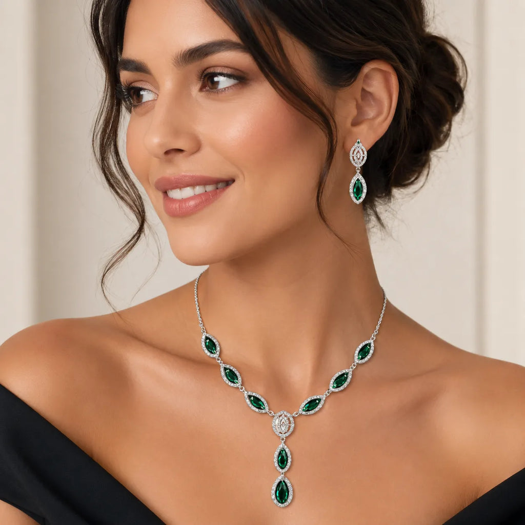 Marvel Silver green marquise silver necklace set with matching earrings for women

