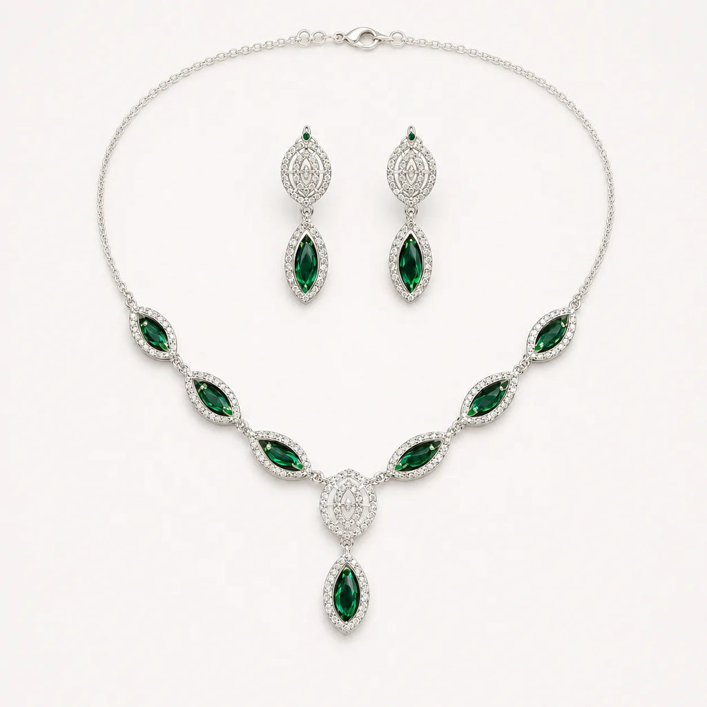 Marvel Silver green marquise silver necklace set with matching earrings for women
