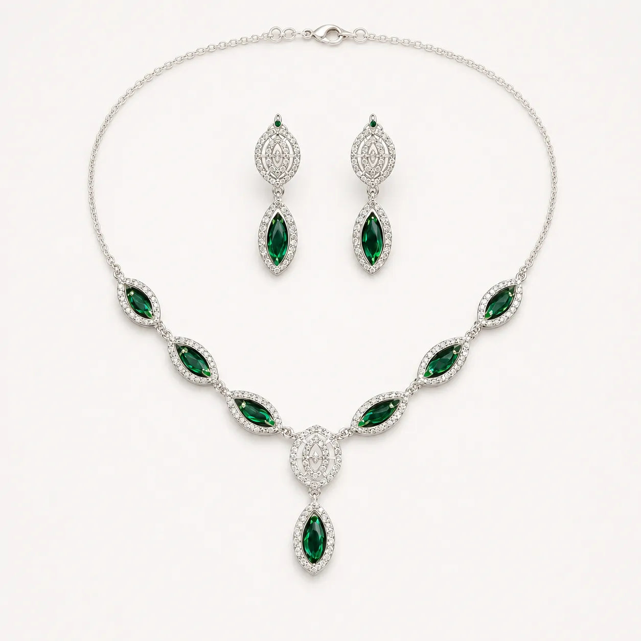 Marvel Silver green marquise silver necklace set with matching earrings for women