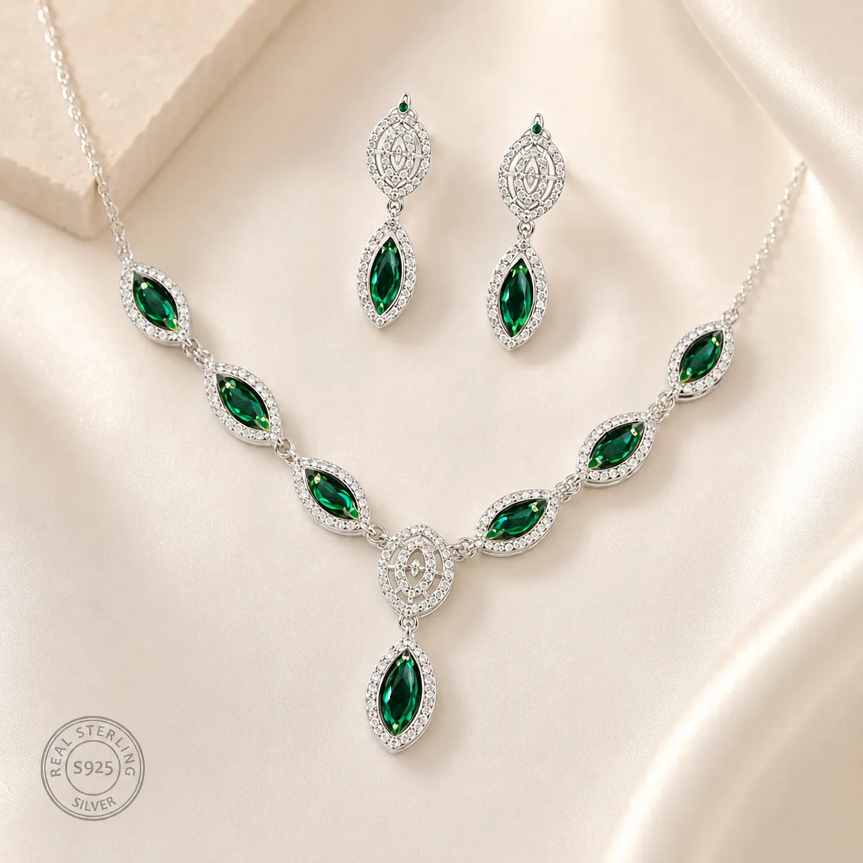 Marvel Silver green marquise silver necklace set with matching earrings for women
