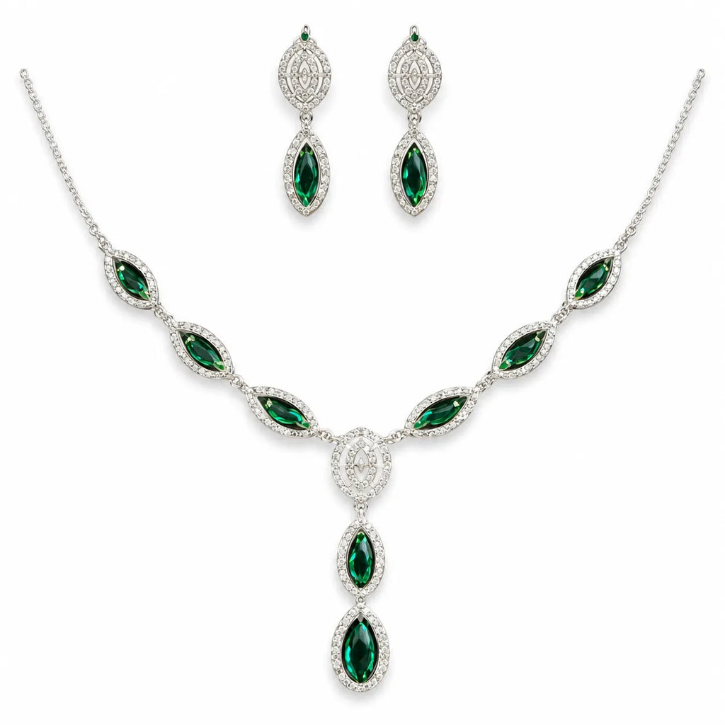 Marvel Silver green marquise silver necklace set with matching earrings for women