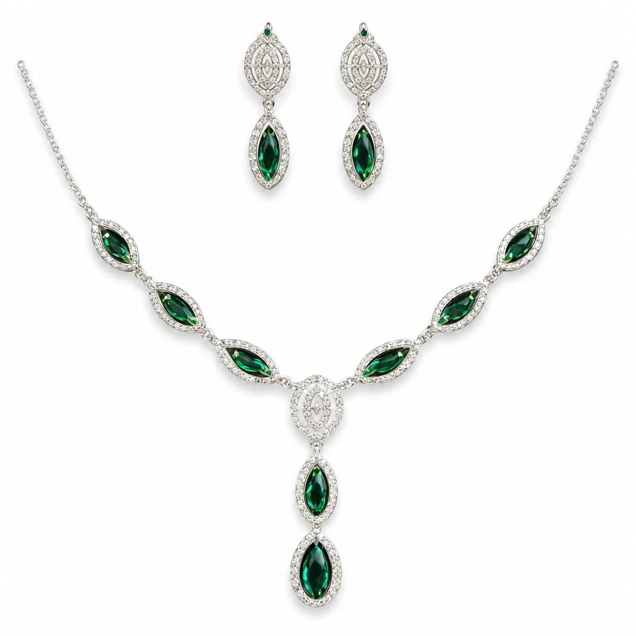 Marvel Silver green marquise silver necklace set with matching earrings for women