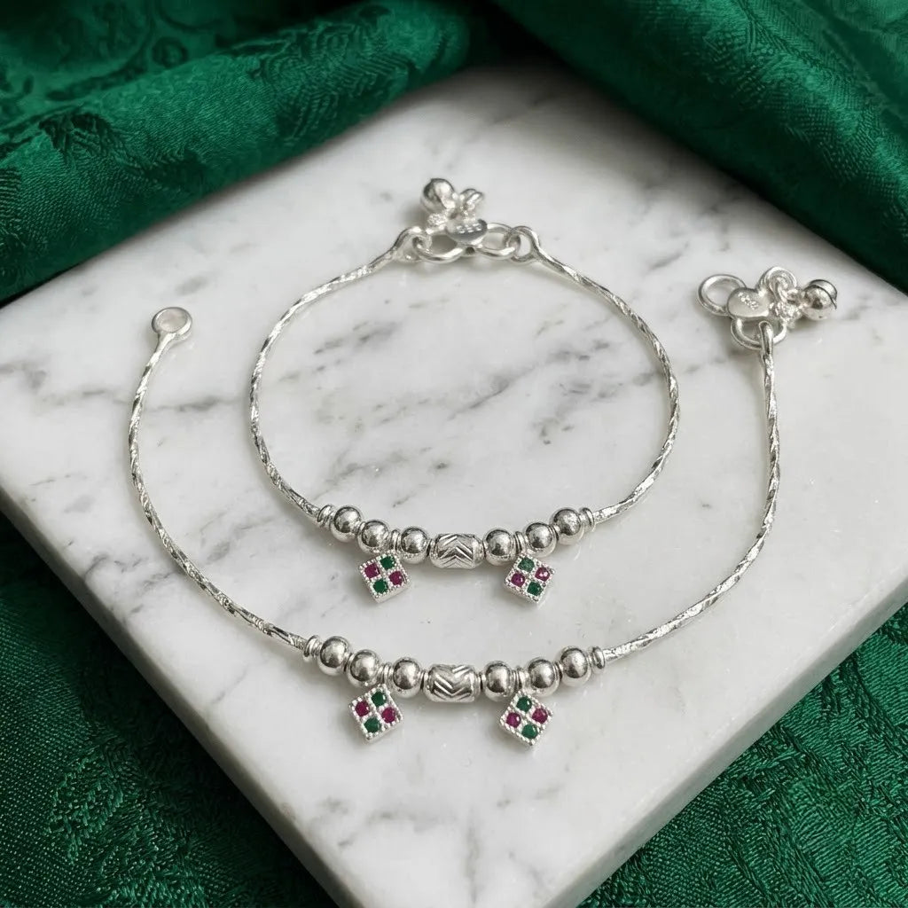Marvel Silver Baby Payal Green Pink Charms