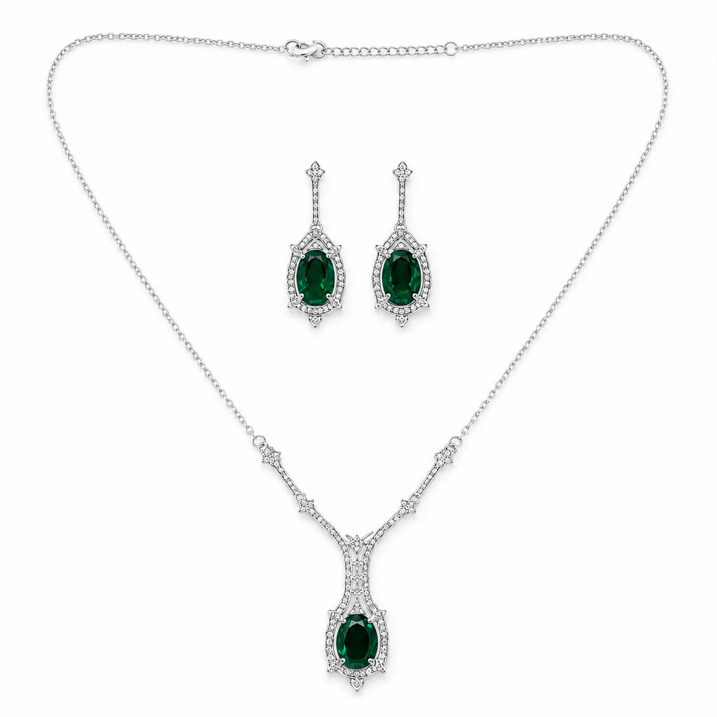 Marvel Silver green stone silver necklace set with matching earrings for women