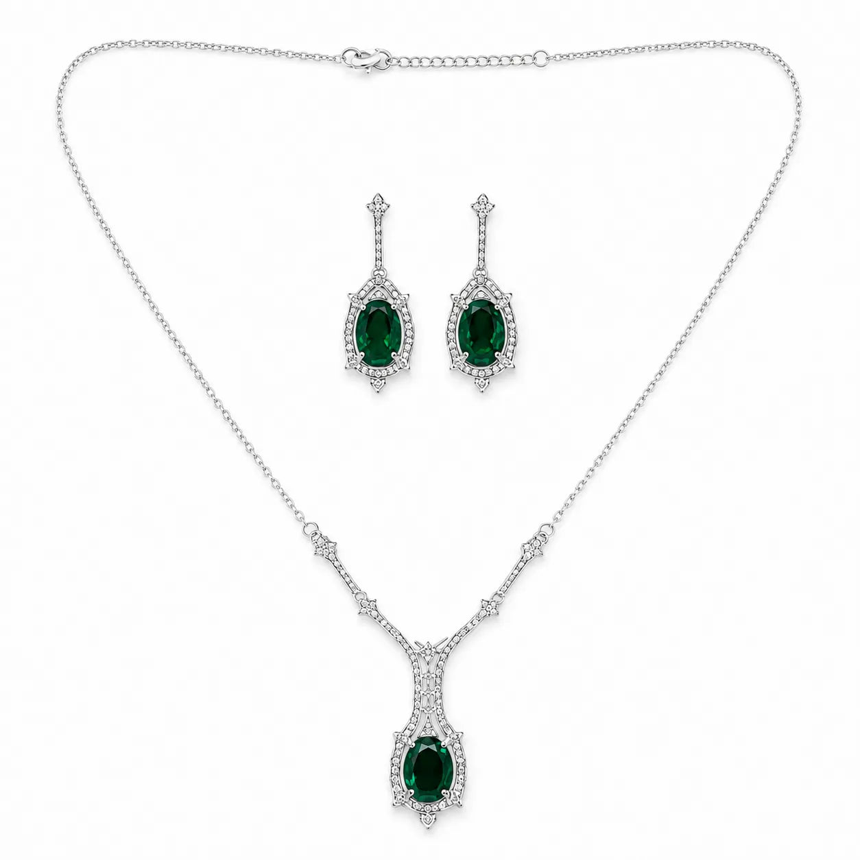 Marvel Silver green stone silver necklace set with matching earrings for women