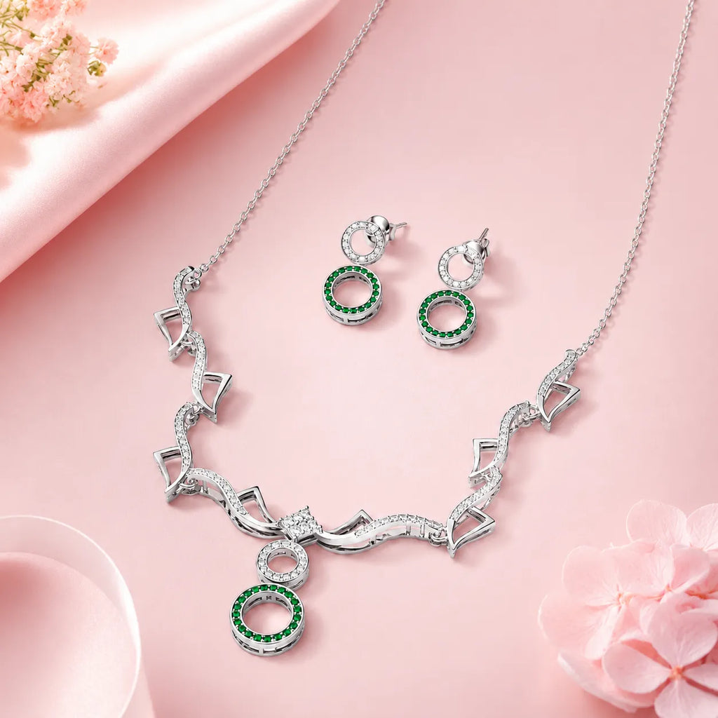 Marvel Silver green stone silver necklace set with matching earrings for women