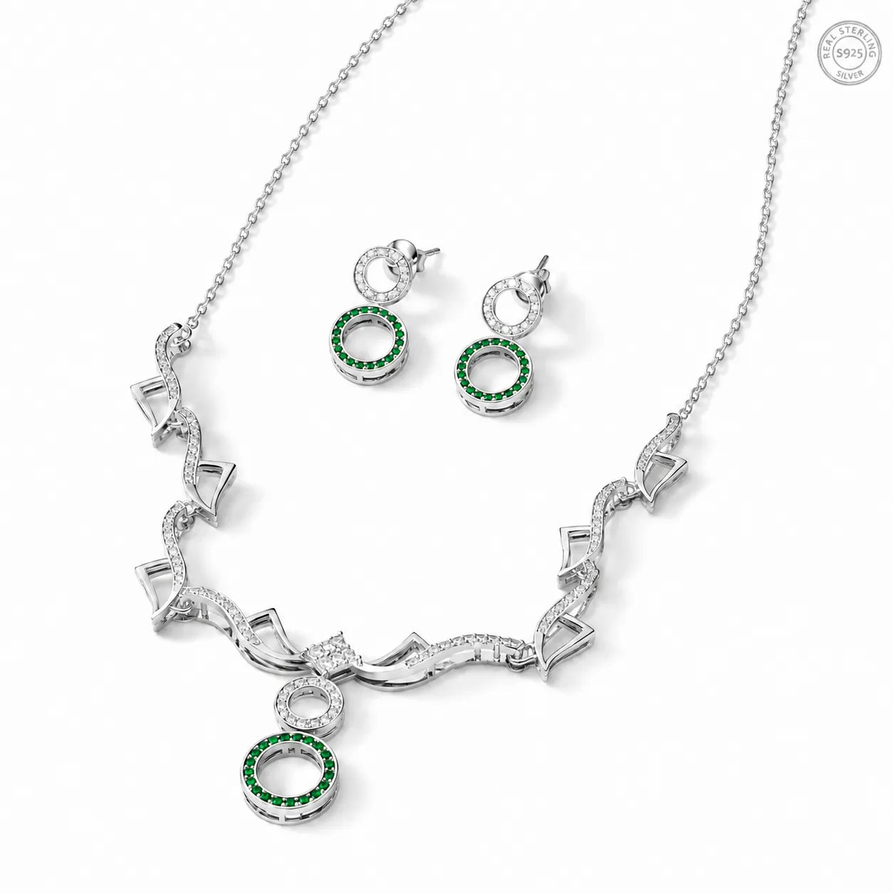Marvel Silver green stone silver necklace set with matching earrings for women
