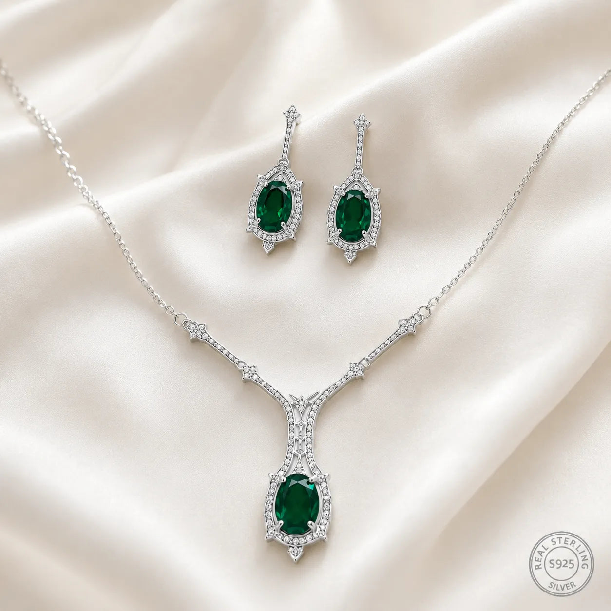 Marvel Silver green stone silver necklace set with matching earrings for women