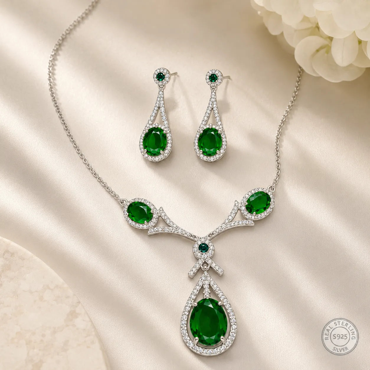 Marvel Silver green teardrop silver necklace set with matching earrings for women