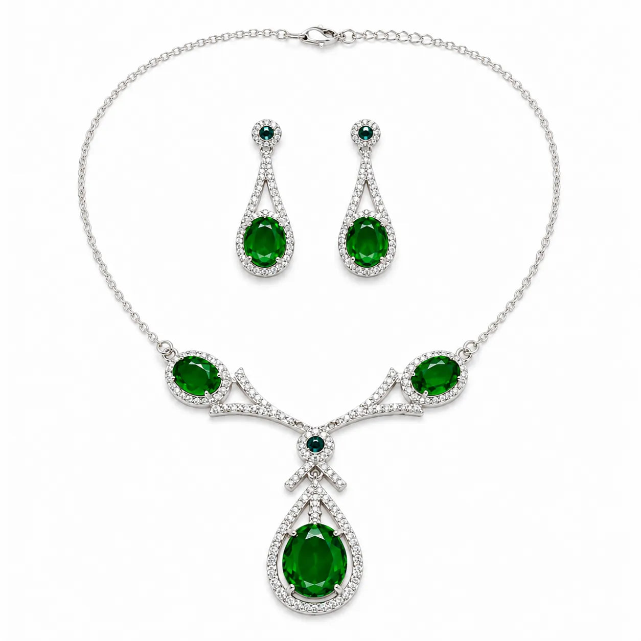 Marvel Silver green teardrop silver necklace set with matching earrings for women