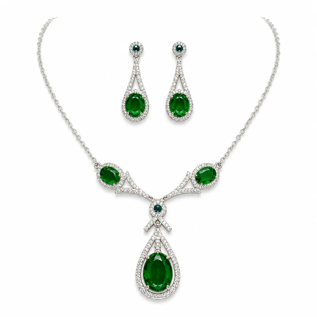Marvel Silver green teardrop silver necklace set with matching earrings for women