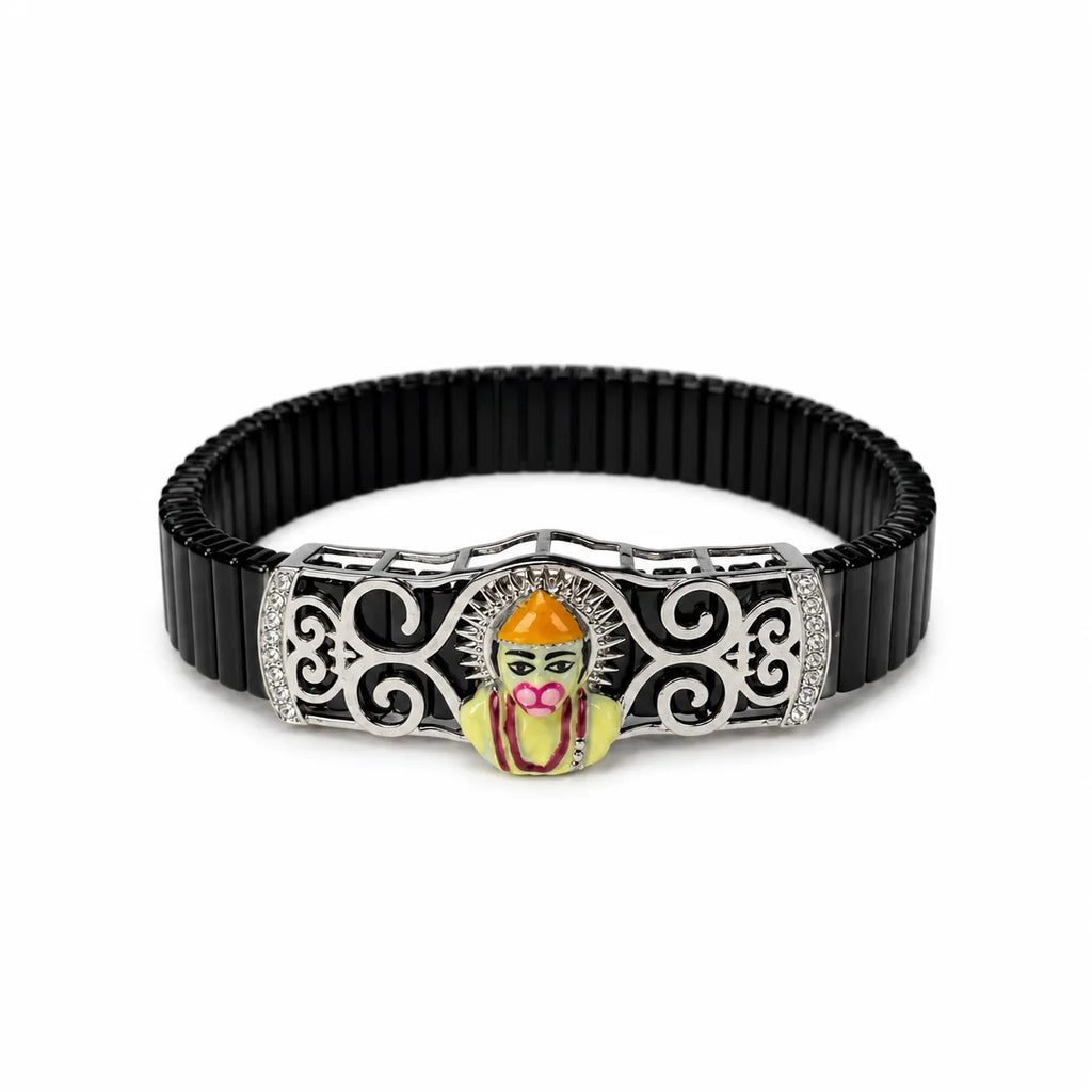 Marvel Silver Hanuman adjustable bracelet for boys with colorful Lord Hanuman motif, silver-tone decorative centerpiece and black segmented band