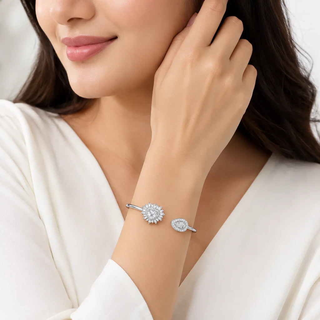 Marvel Silver heart and leaf design silver kada for girls with sparkling white stones