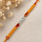 Marvel Silver infinity design rakhi for brother with yellow red braided thread and silver-tone stone-studded infinity charm