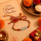Marvel Silver infinity design rakhi for brother with yellow red braided thread and silver-tone stone-studded infinity charm