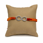 Marvel Silver infinity design rakhi for brother with yellow red braided thread and silver-tone stone-studded infinity charm