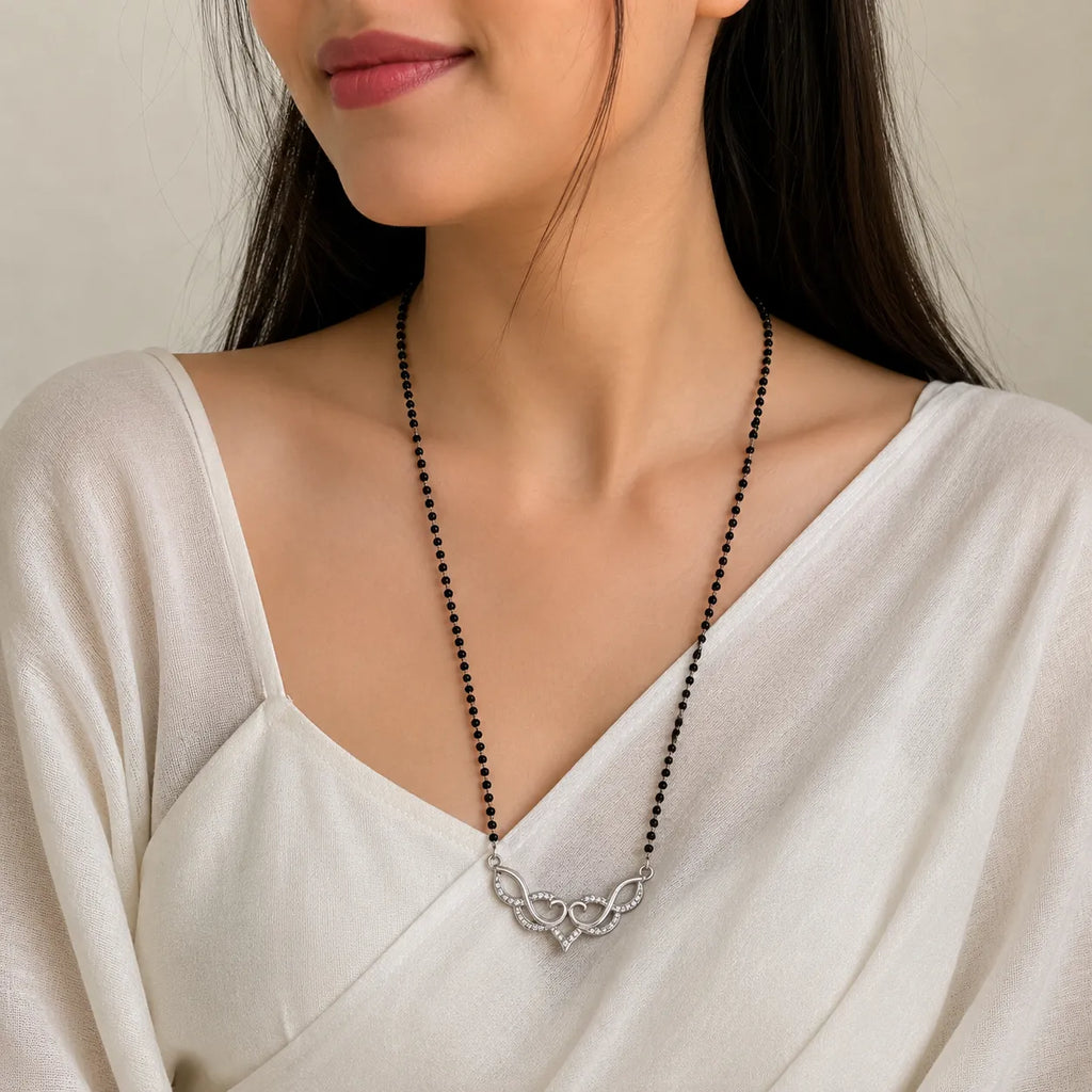 Marvel Silver infinity heart black beads mangalsutra for women with 4.5 cm pendant