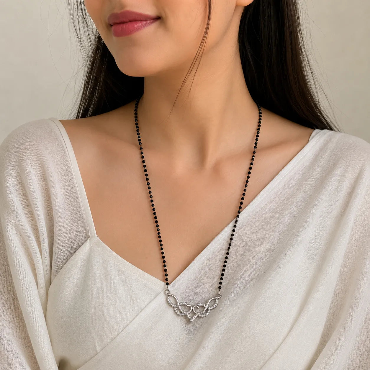 Marvel Silver infinity heart black beads mangalsutra for women with 4.5 cm pendant