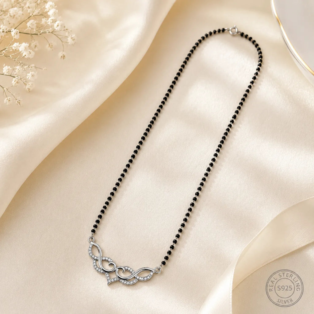 Marvel Silver infinity heart black beads mangalsutra for women with 4.5 cm pendant
