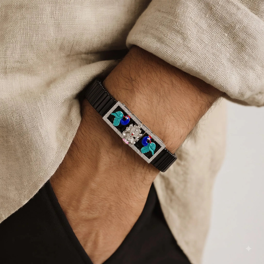 Marvel Silver Kartikey Adjustable Bracelet for boys with divine Kartikey motif, colorful peacock details and black segmented band