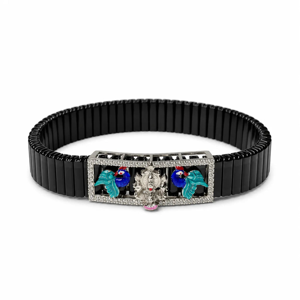 ]Marvel Silver Kartikey Adjustable Bracelet for boys with divine Kartikey motif, colorful peacock details and black segmented band