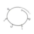 Marvel Silver Key Charm Anklet with polished silver bead chain, sparkling crystal accents, key charms, star charm, and adjustable extension chain for women and girls.