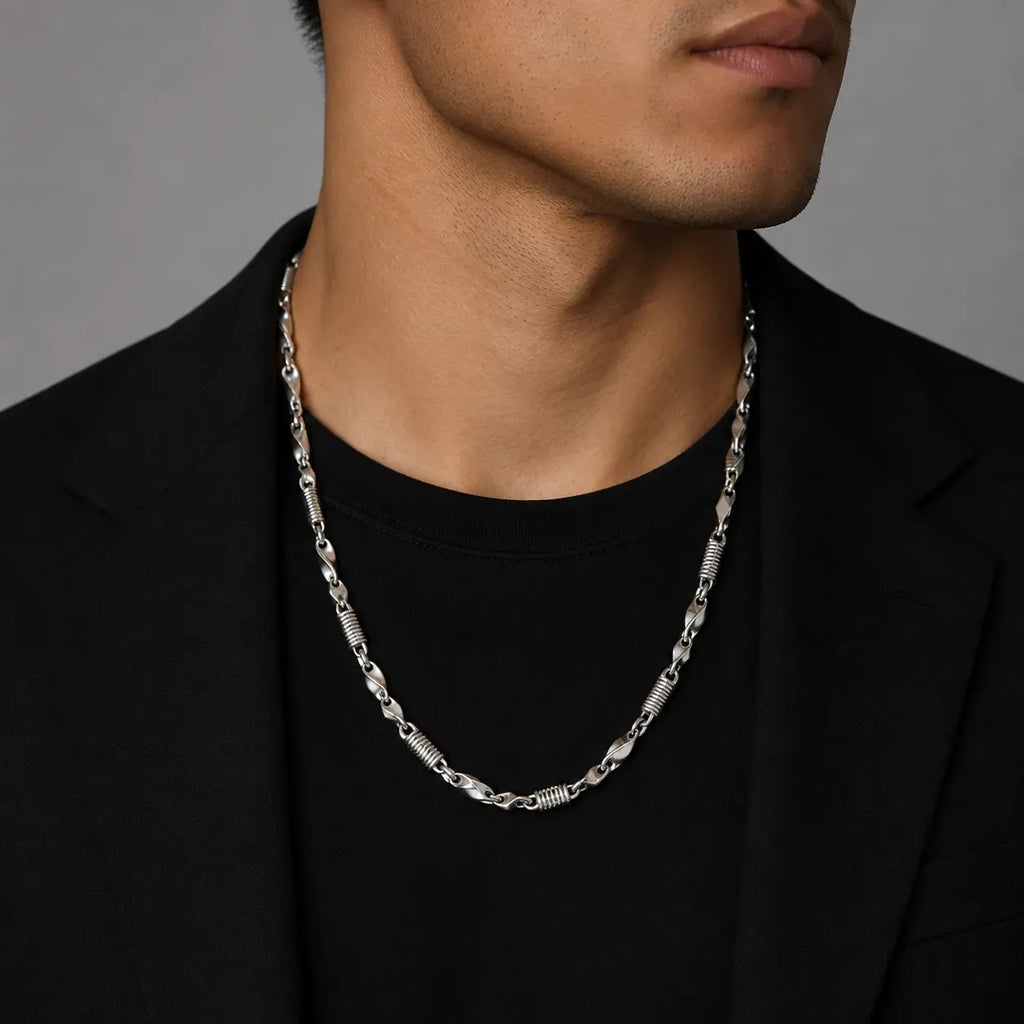 Marvel Silver leaf link silver chain for men with textured coil connectors