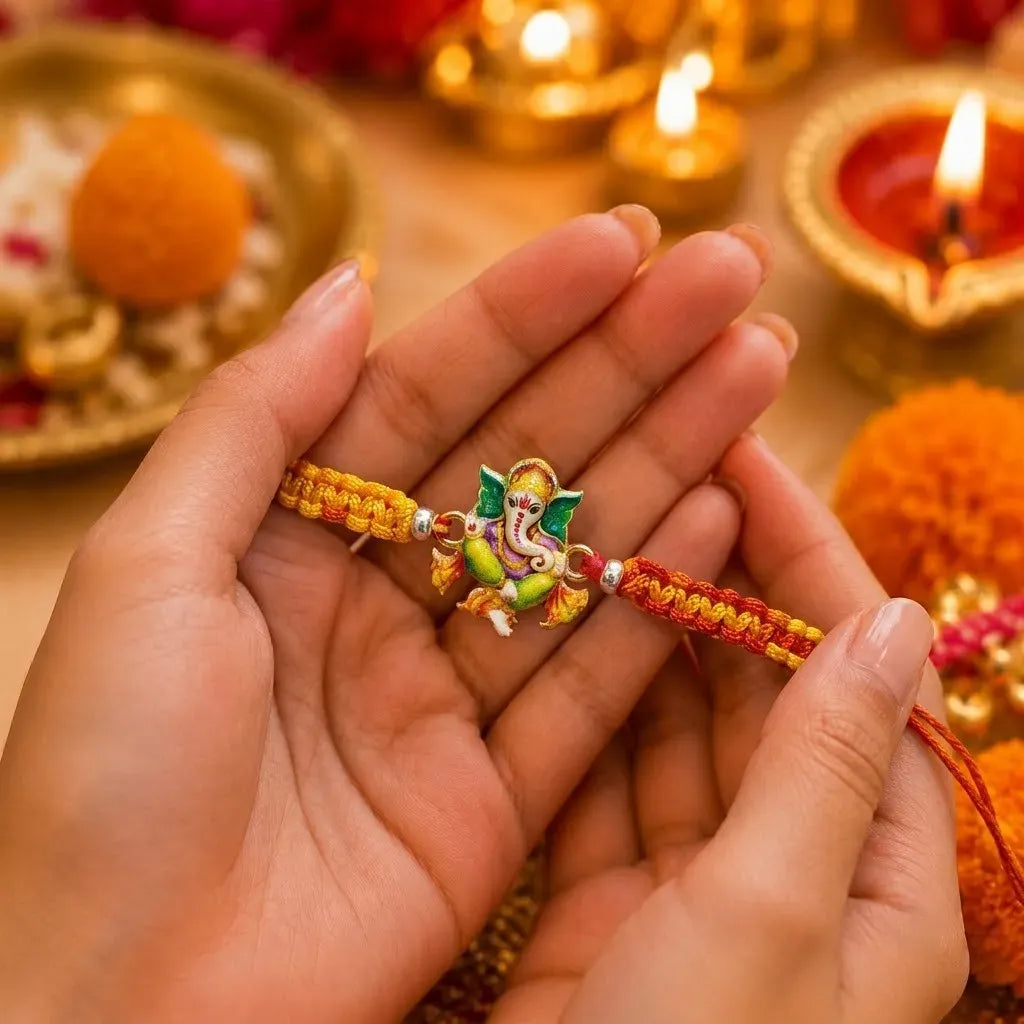 Marvel Silver Lord Ganesha Silver Rakhi with Orange and Yellow Woven Thread