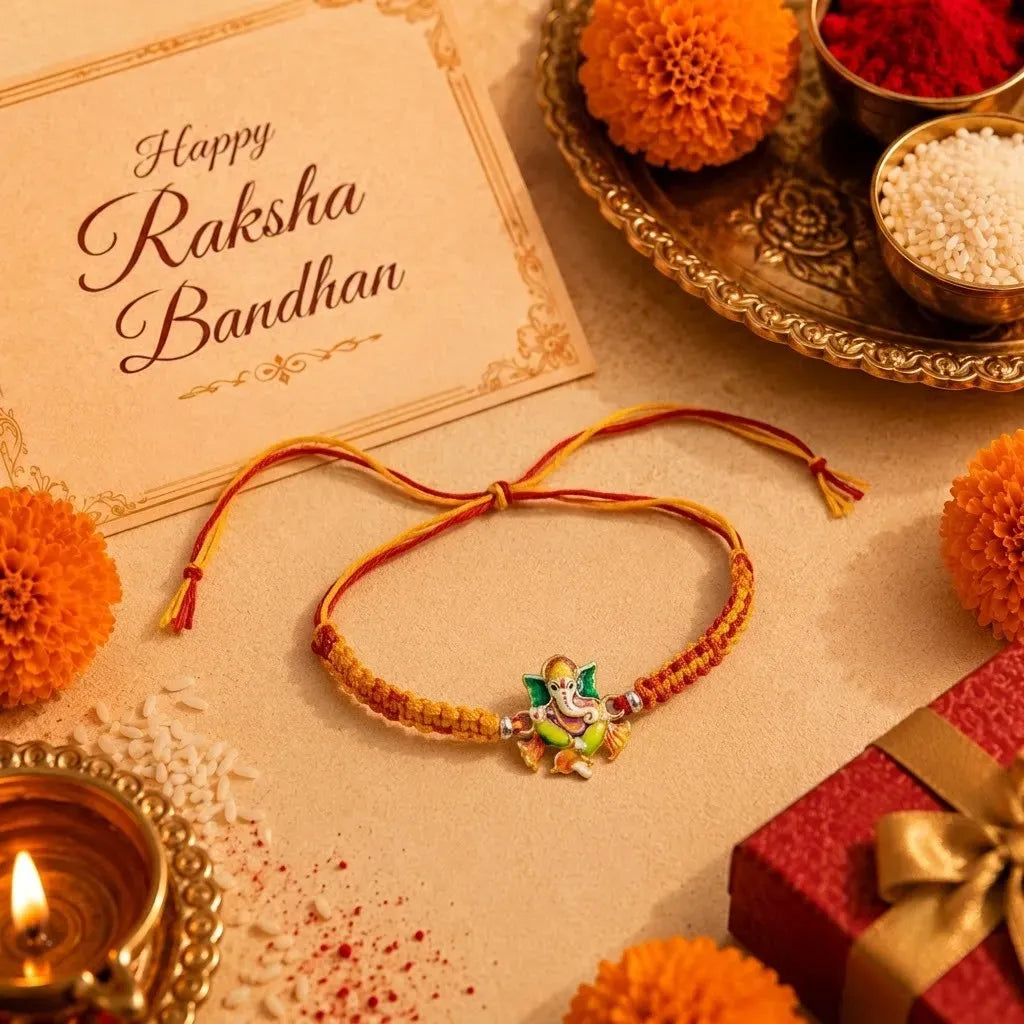 Marvel Silver Lord Ganesha Silver Rakhi with Orange and Yellow Woven Thread