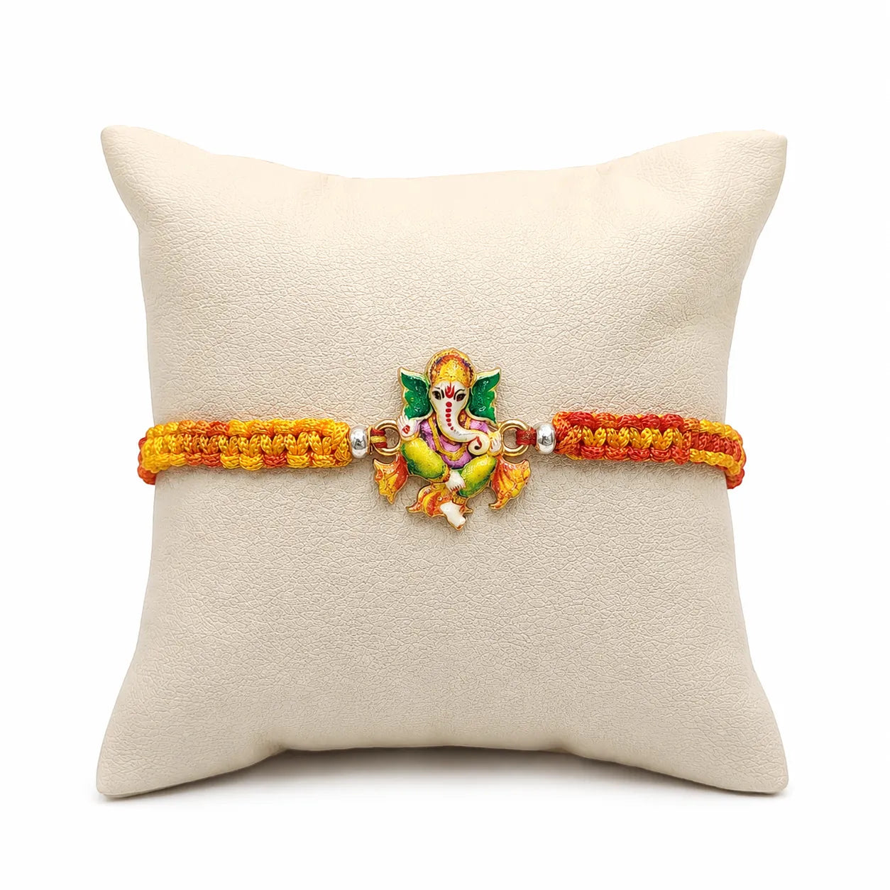 Marvel Silver Lord Ganesha Silver Rakhi with Orange and Yellow Woven Thread