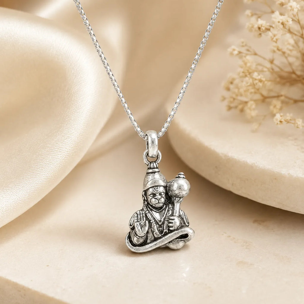 Marvel Silver Lord Hanuman unisex silver chain pendant with Bajrangbali design