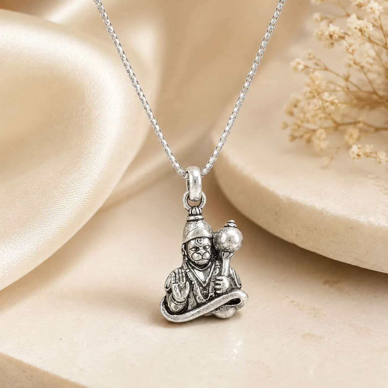 Marvel Silver Lord Hanuman unisex silver chain pendant with Bajrangbali design